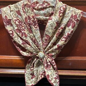 Vintage sheer Floral Scarf with Burgundy gray Pattern and attached scarf ring